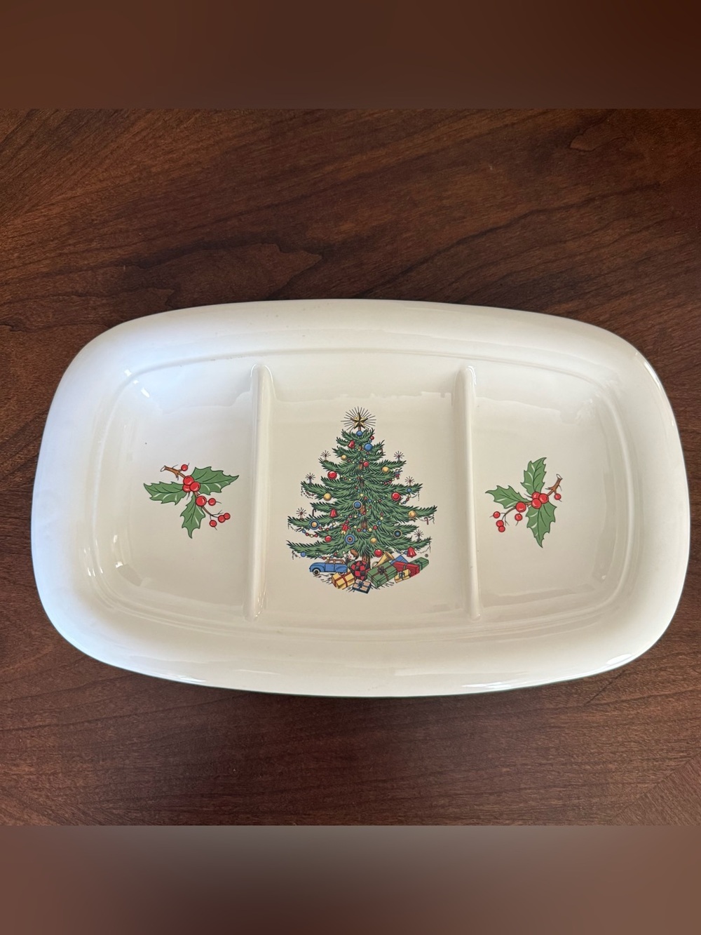 Cuthbertson Original Christmas Tree Cream Green Trim 3-Part Divided Tray 12.5x8”